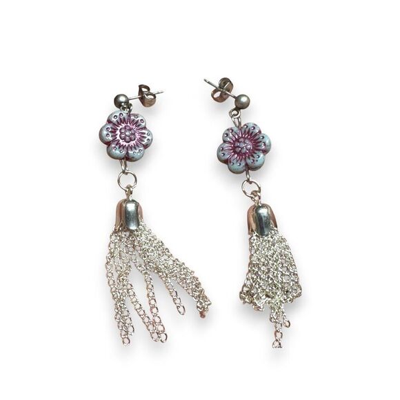 Wild Rose Flower Chain Tassel Earrings Stainless Steel Posts - Picture 7 of 10